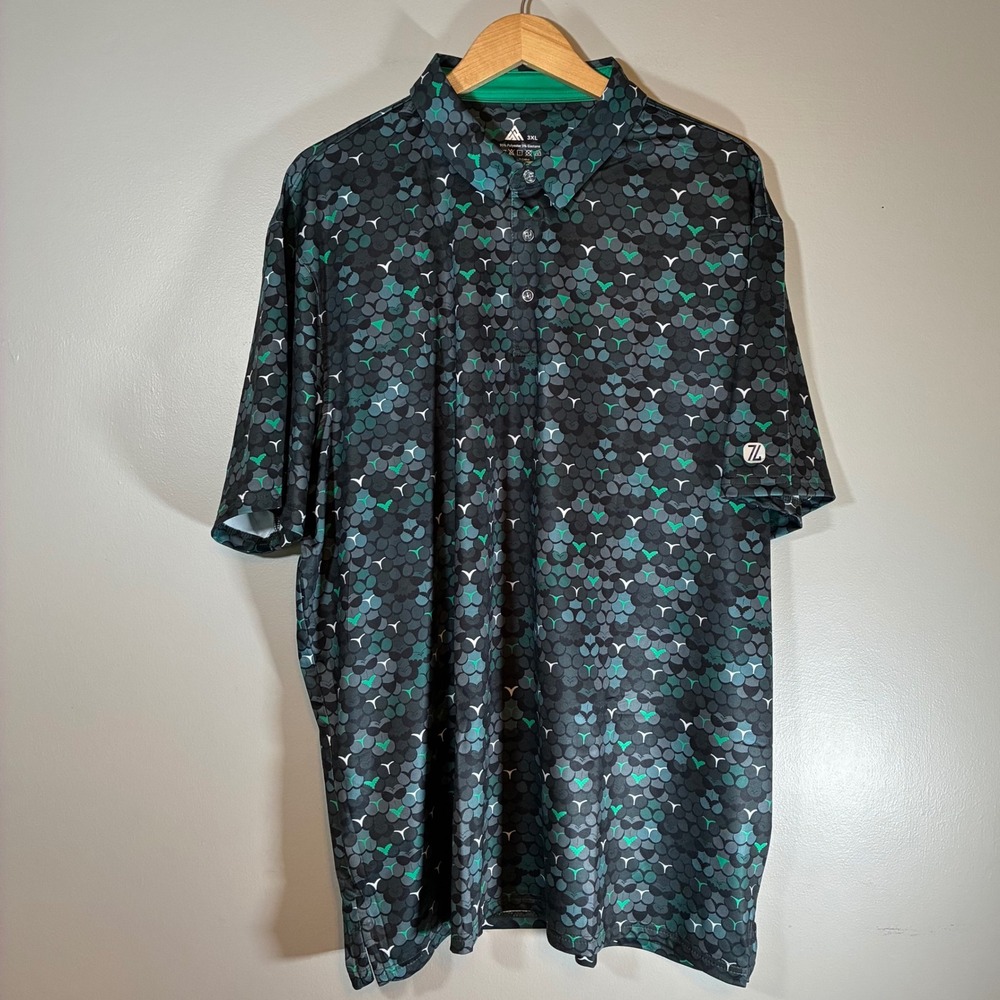 AM Mens 3XL Performance Polo Shirt Black Green Geometric Print Short Sleeve
